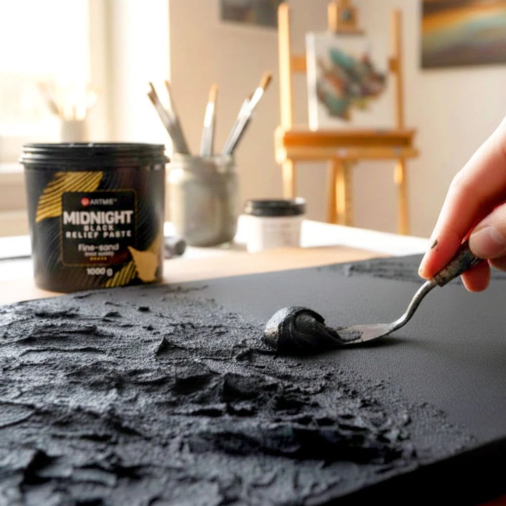 Nanošenje crne reljefne paste ARTMIE Midnight slikarskim nožem na crni panel u ateljeu