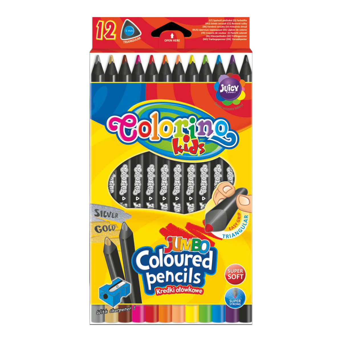Trouglaste JUMBO drvene bojice Colorino od crnog drveta sa rezačem - 12 boja