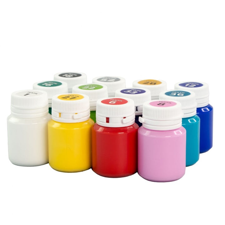 ROSA akrilne boje za tekstil, set od 12x20 ml, idealne za oslikavanje tkanina i odjeće.