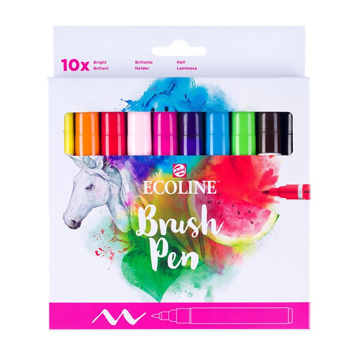 Pakovanje od 10 Ecoline Brush Pen flomastera u jarkim bojama za akvarel slikanje.