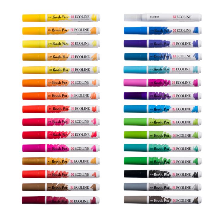 Krupni kadar vrhova Ecoline Brush Pen flomastera koji pokazuju fleksibilnost i intenzitet osnovnih boja.