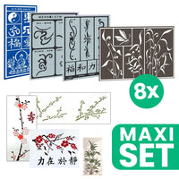 Asian Fantasy set od 8 šablona različitih veličina za slikanje i tetoviranje sa detaljnim istočnjačkim motivima.