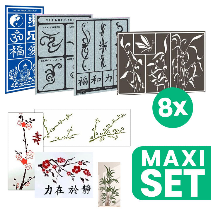 Asian Fantasy set od 8 šablona različitih veličina za slikanje i tetoviranje sa detaljnim istočnjačkim motivima.