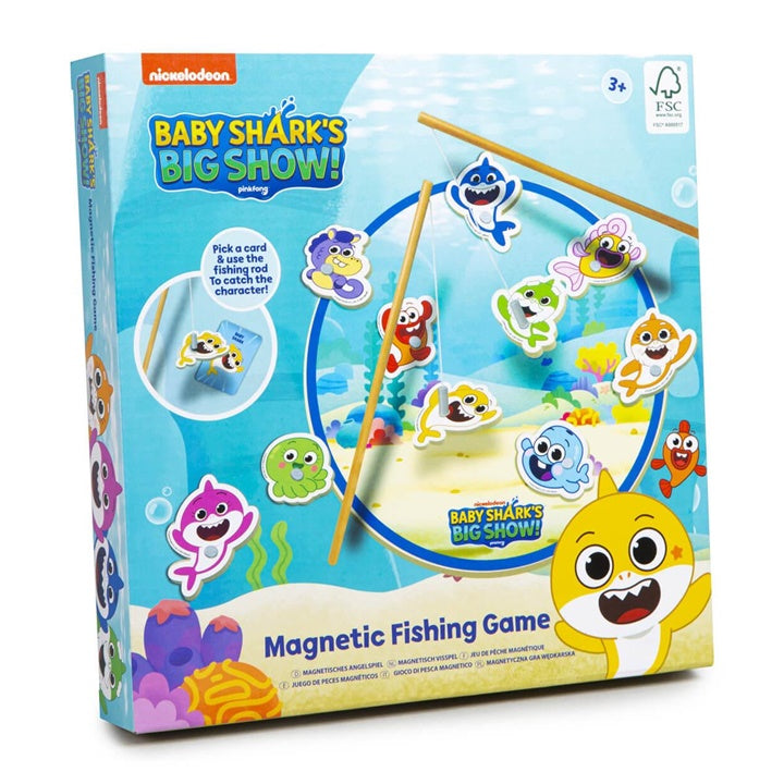 Šarena kutija Baby Sharks društvene igre Pecanje sa motivima morskih pasa i ribarskim štapovima.