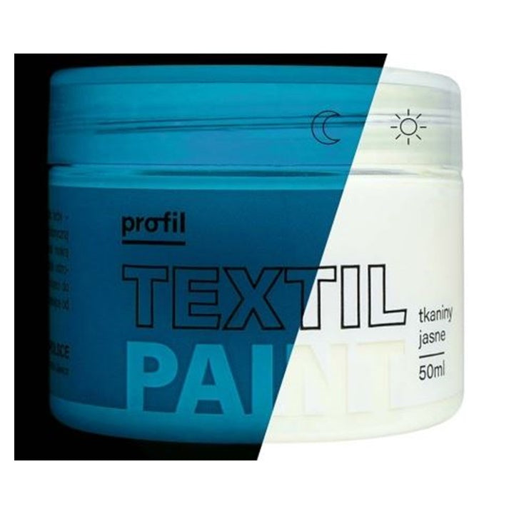 Bočica Profil boje za tekstil koja svijetli u mraku, plava nijansa, zapremine 50 ml.