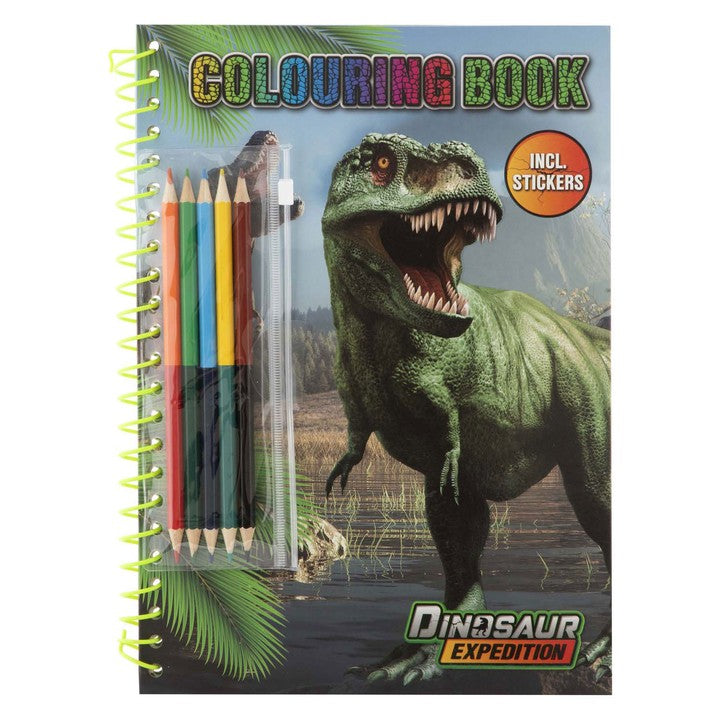 Bojanka Dino A4 sa setom naljepnica i šarenim olovkama za crtanje i bojenje.