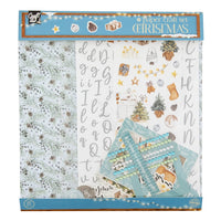 Božićni set za scrapbooking u plavim tonovima sa ukrasnim papirima i naljepnicama za kreativne projekte.