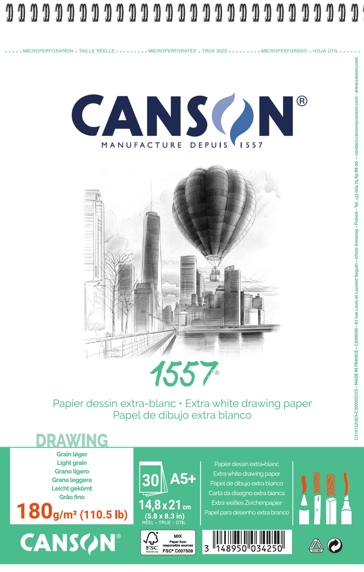 Blok za skiciranje CANSON 1557 180 g/m² A5 30 listova, spiralni povez