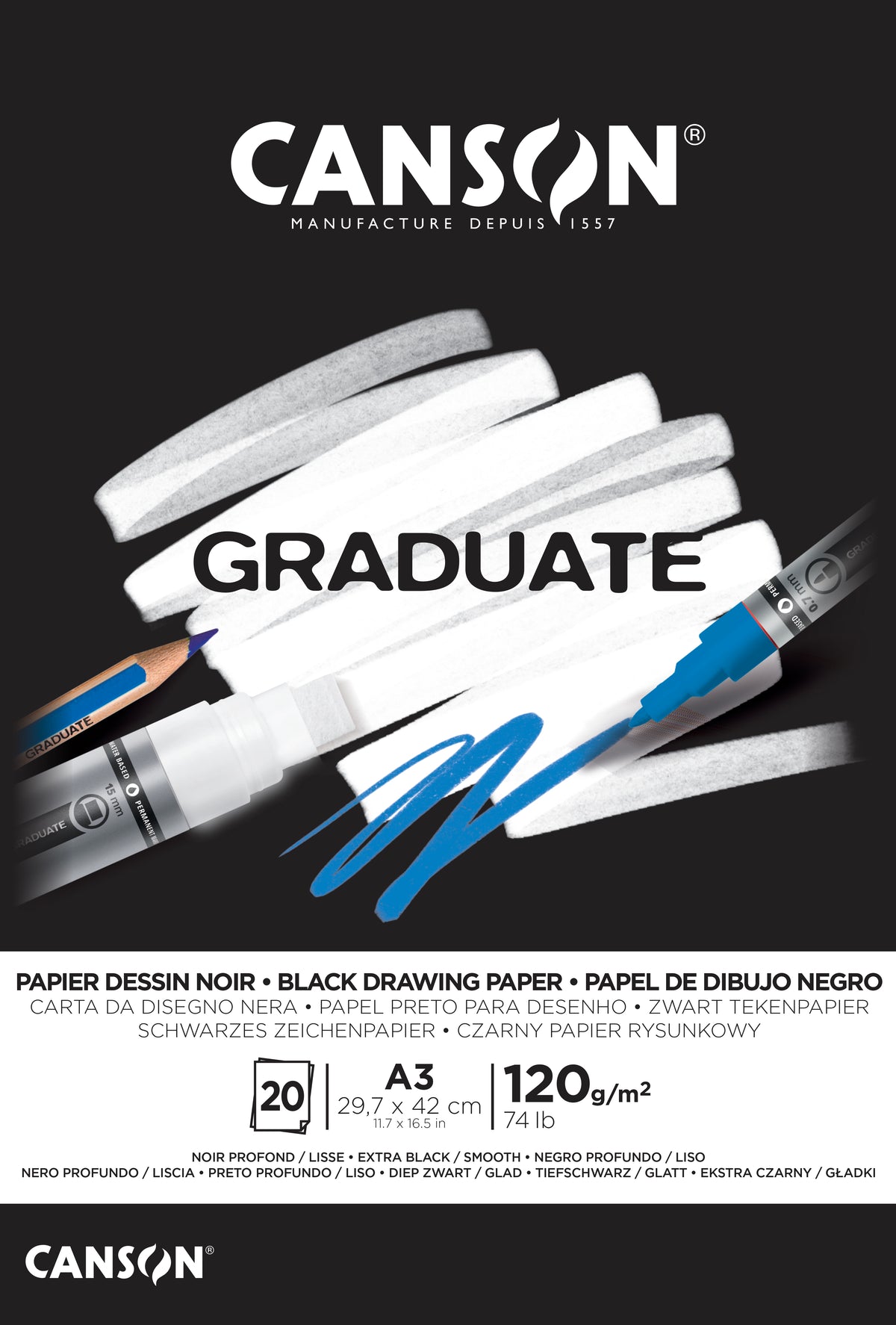 Crni skicen blok CANSON Graduate 120 g/m² A3 - 20 listova, lijepljeni