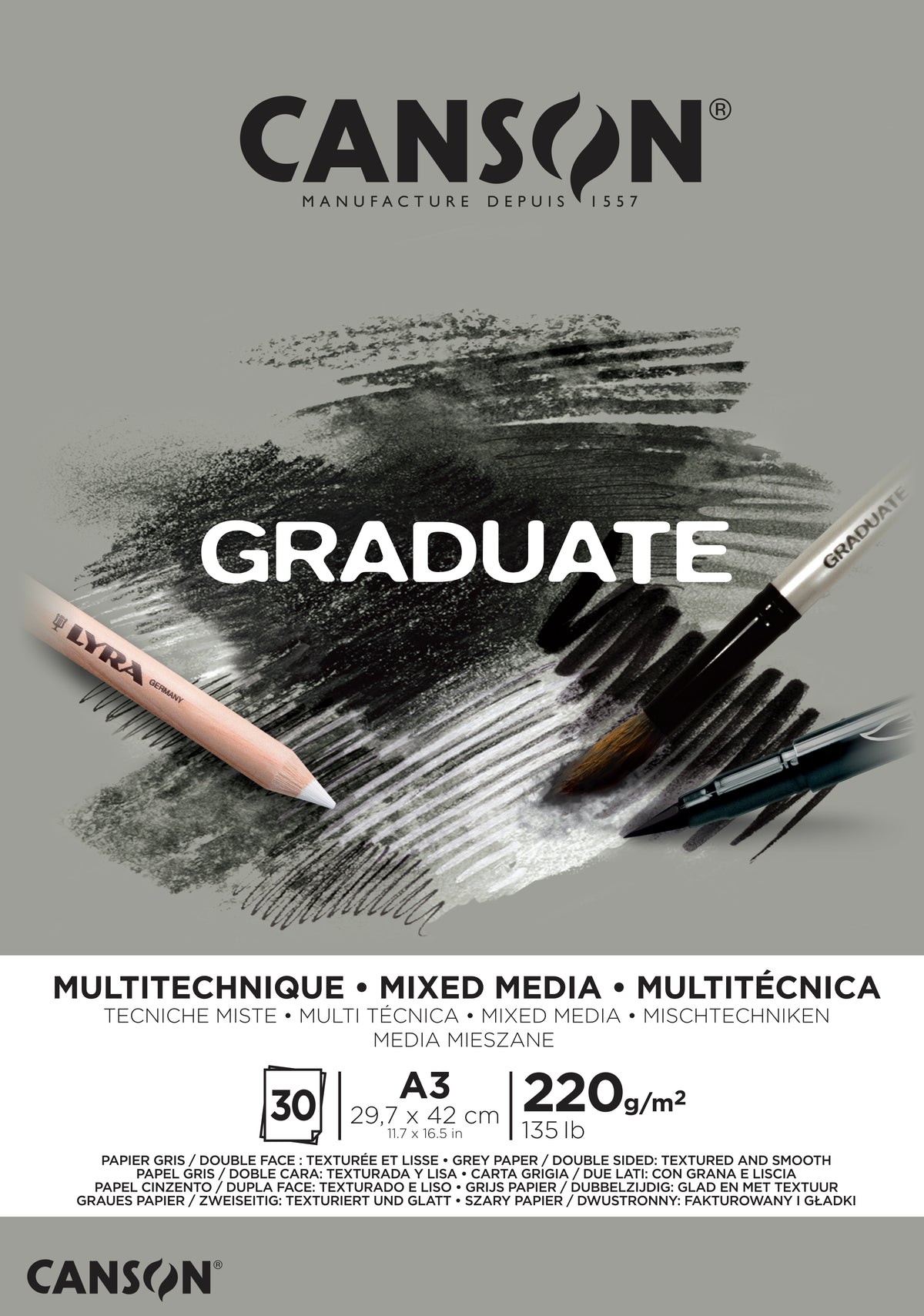 CANSON Graduate Mix Media sivi blok 220 g A3, 30 listova, lijepljen