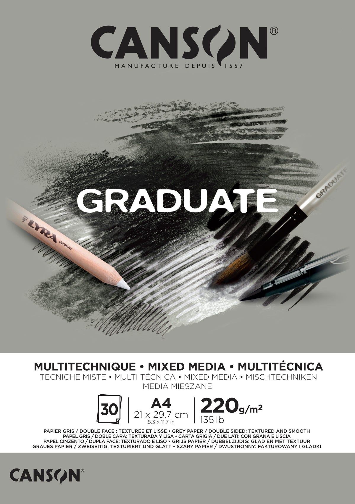 Canson Graduate Mix Media blok Grey 220 g/m² - 30 listova, A4, lijepljeni