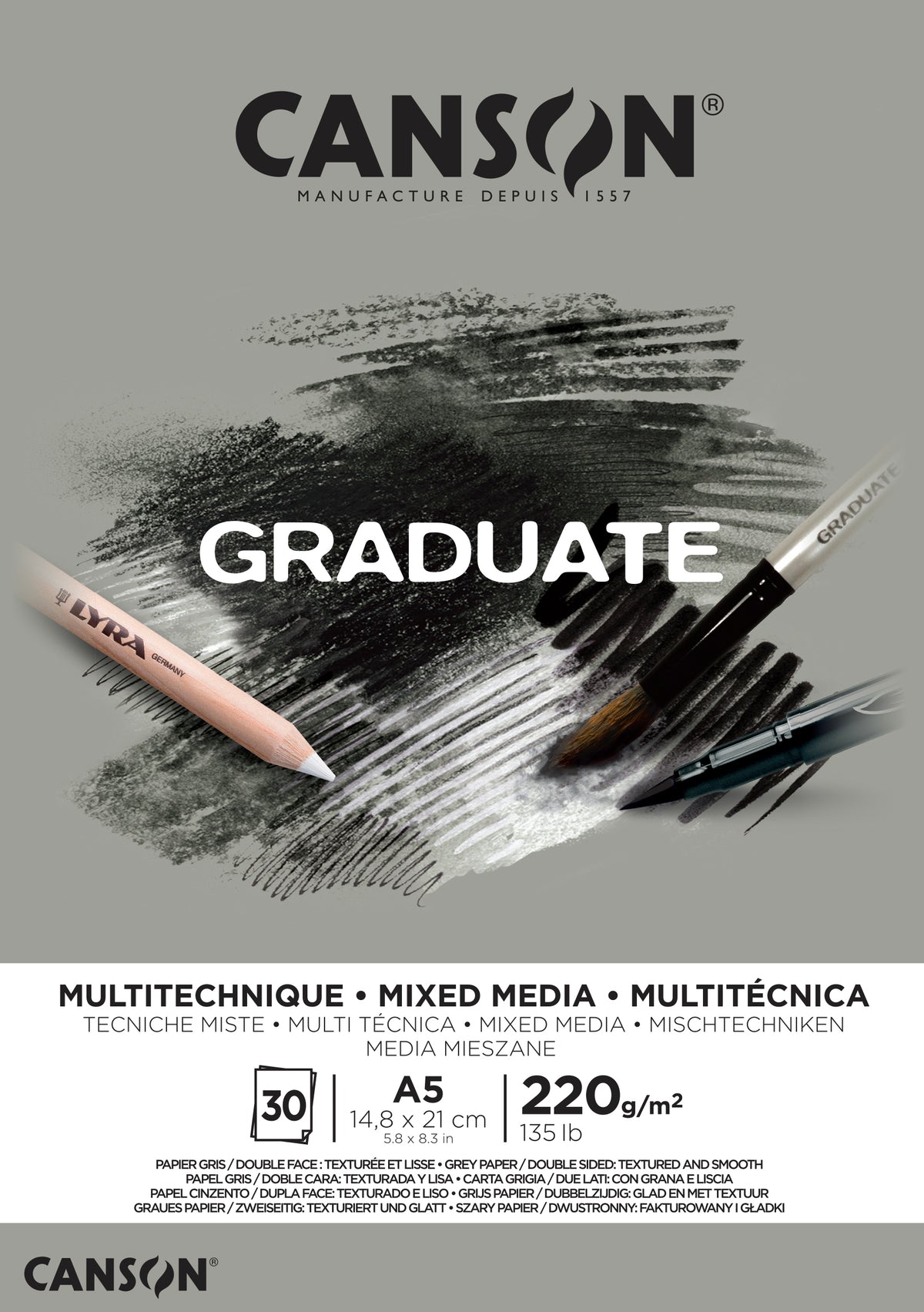 CANSON Graduate Mix Media sivi blok 220 g A5 - 30 listova lijepljen