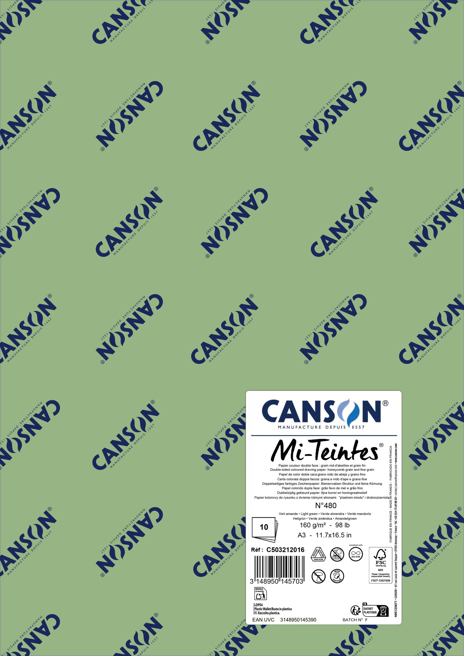 Papir za pastel Canson Mi-Teintes A3 160 g - 10 listova – Svijetlozelena 480