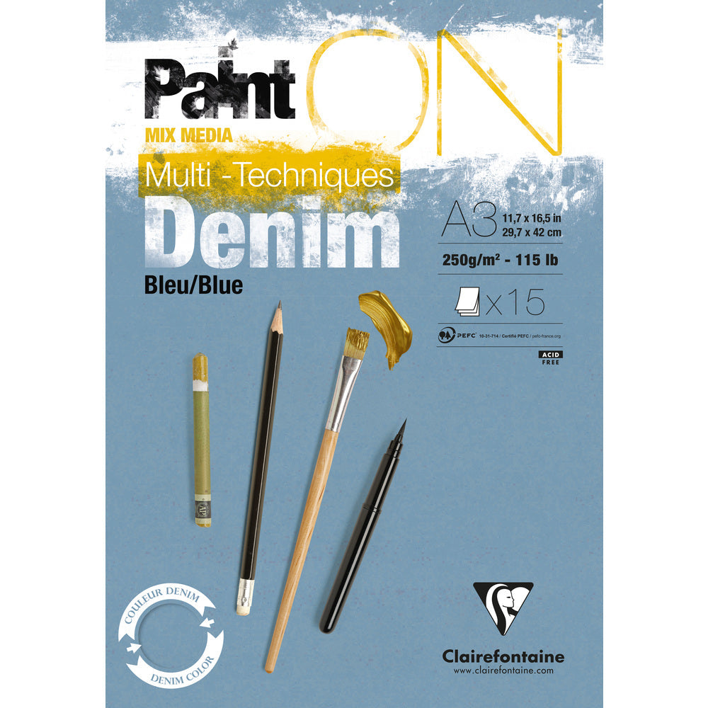 Clairefontaine Paint'On Mix Media lijepljeni blok 250 g – 15L A3 teksas plava