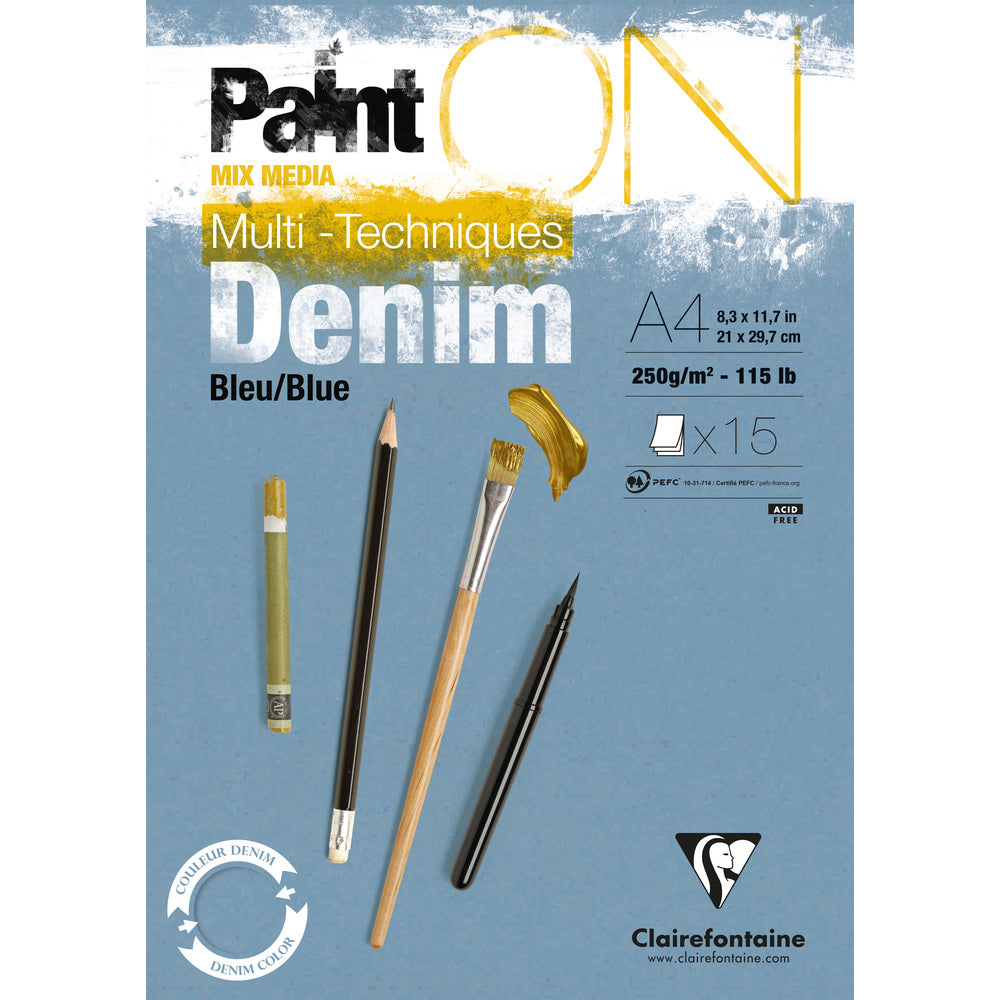 Clairefontaine Paint'On Mix Media lijepljeni blok 250 g – 15L A4 teksas plava