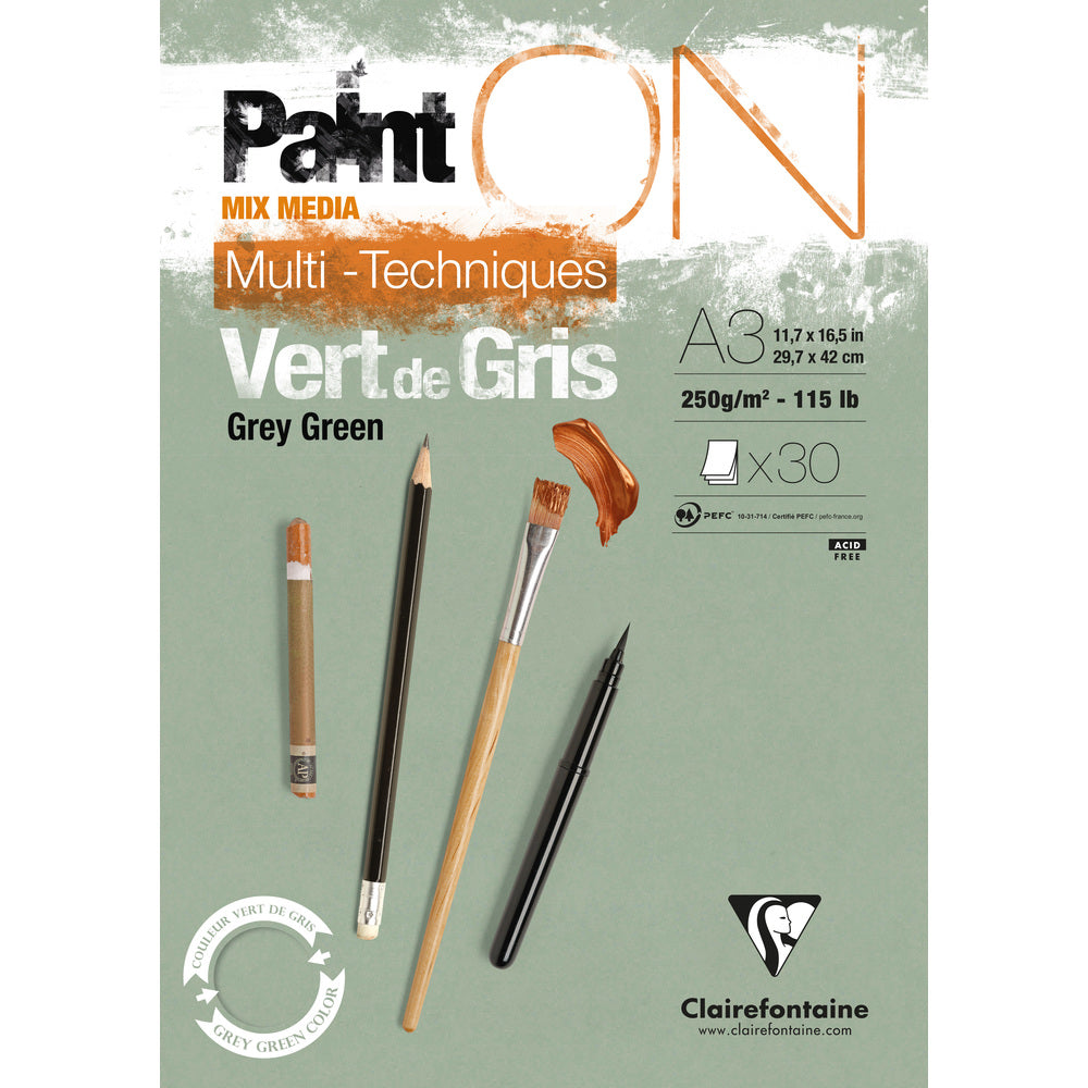 Clairefontaine Paint'On Mix Media lijepljeni blok 250 g – 30L A3 sivo zelena