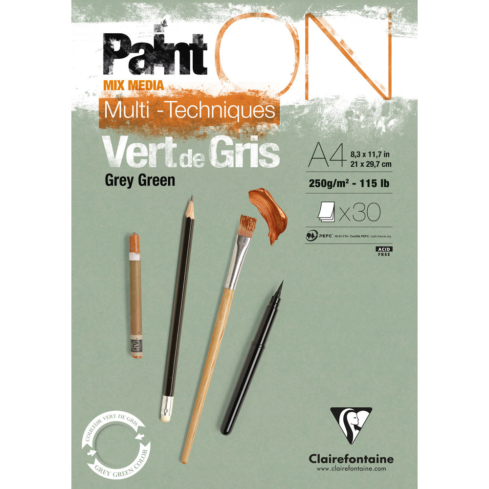 Clairefontaine Paint'On Mix Media lijepljeni blok 250 g – 30L A4 sivo zelena