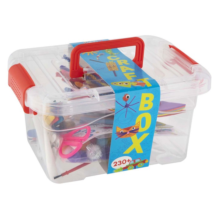 Raznobojni materijali za kreativno izražavanje iz CRAFT KIT seta u prozirnoj kutiji.