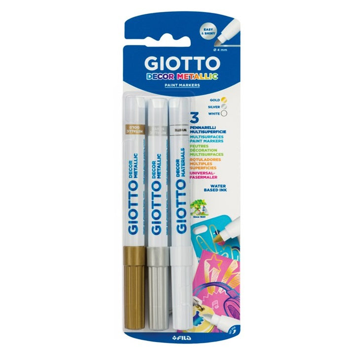 Pakovanje od tri Giotto Decor Metallic dekorativna flomastera sa metalik efektom za kreativno crtanje.