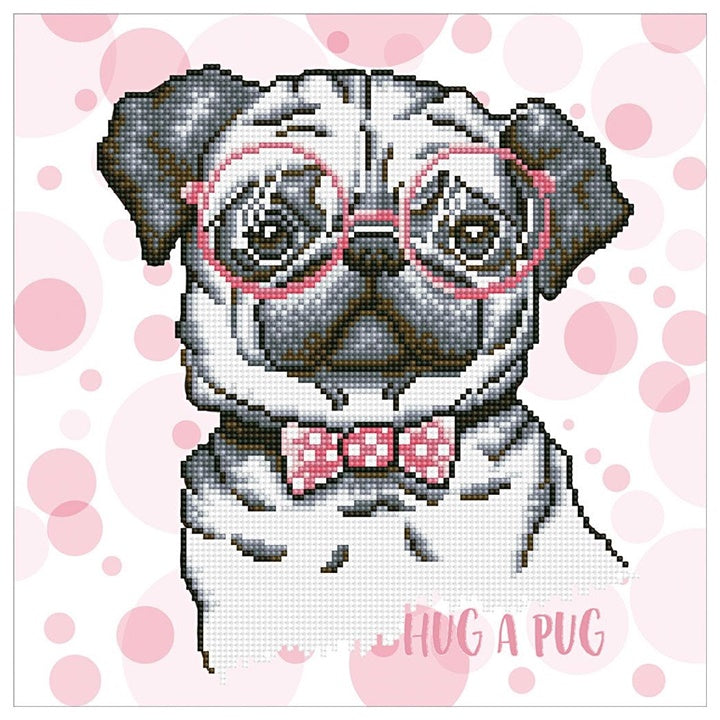 Dijamantna slika - Pug 35 x 35, set za kreativno slaganje mozaika sa motivom mopsa.