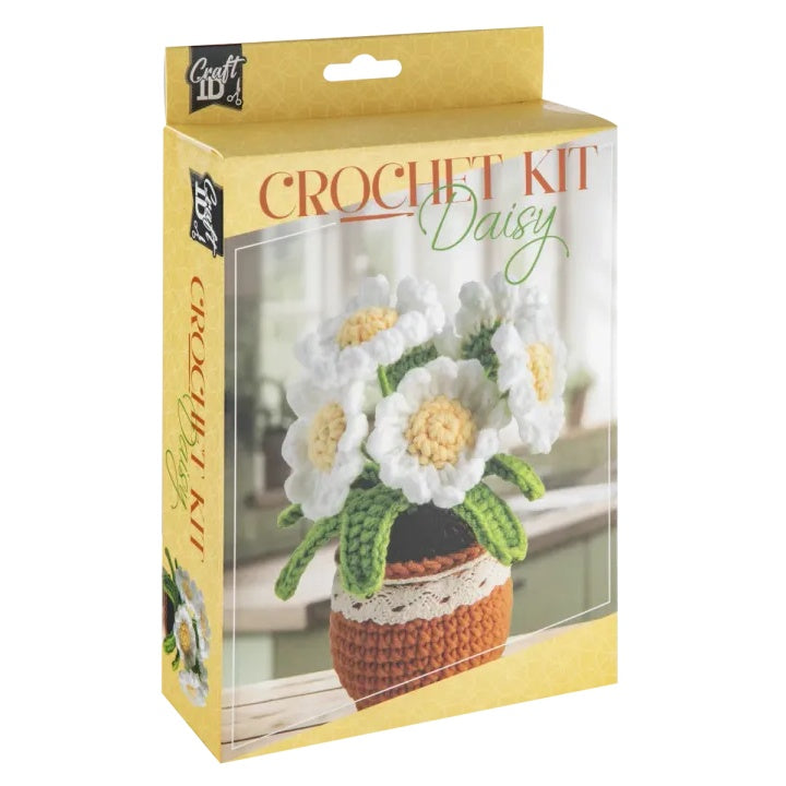 DIY set za heklanje saksije sa ivančicama koji sadrži sav potreban materijal i uputstvo za rad.
