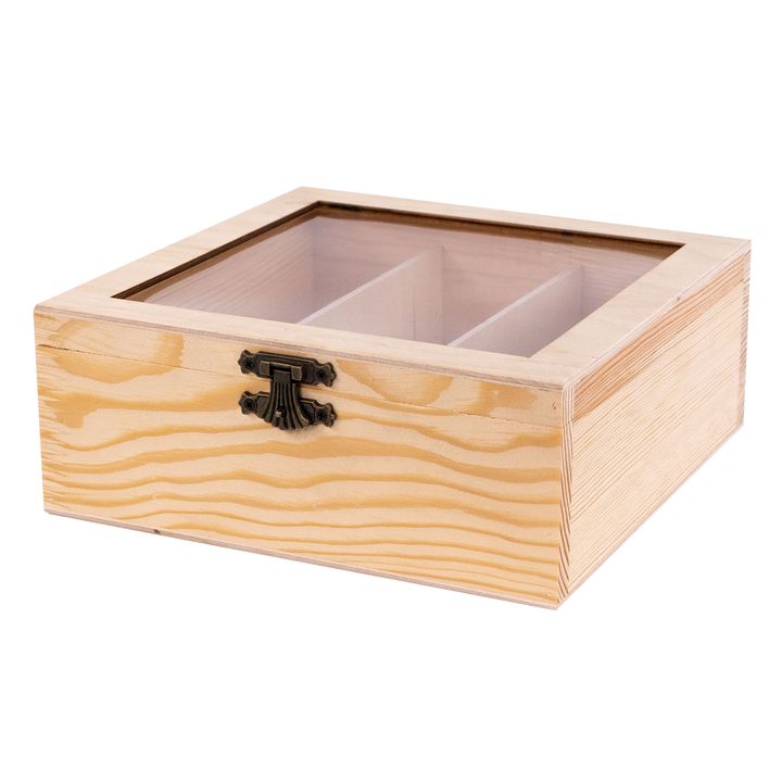 Drvena kutija ROSA TALENT 20x20x8 cm sa tri pregrade i metalnom bravicom za odlaganje umjetničkog pribora.