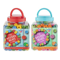Plastična kanta sa drvenim perlama raznih oblika i boja, težine 375 grama za kreativne radove.