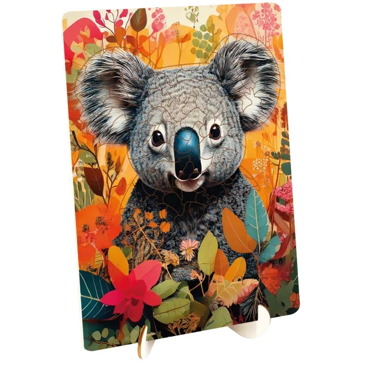 Krupni plan jedinstvenih drvenih oblika puzzle Koala MOXY