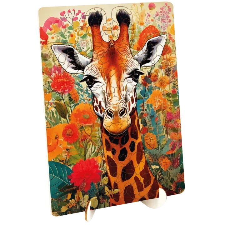 Krupni kadar drvenih dijelova puzzle Žirafa sa precizno izrezanim ivicama.