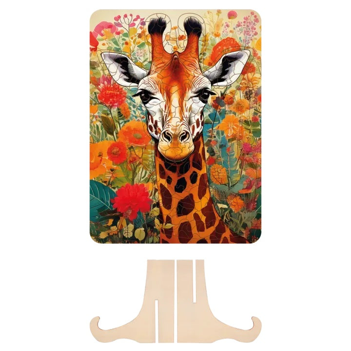 Dijete slaže drvene puzzle Žirafa na stolu, razvijajući kreativne vještine.
