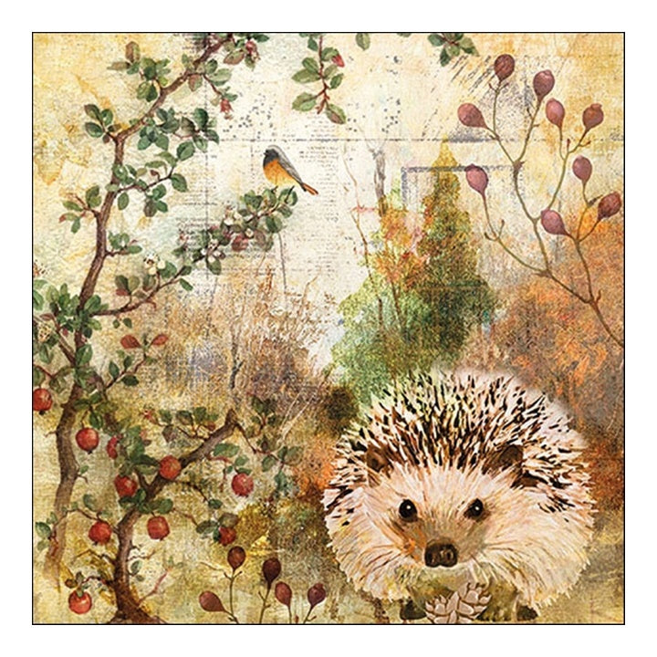 Eko salveta za dekupaž Autumn Hedgehog sa motivom ježa i jesenjeg lišća za kreativne radove.