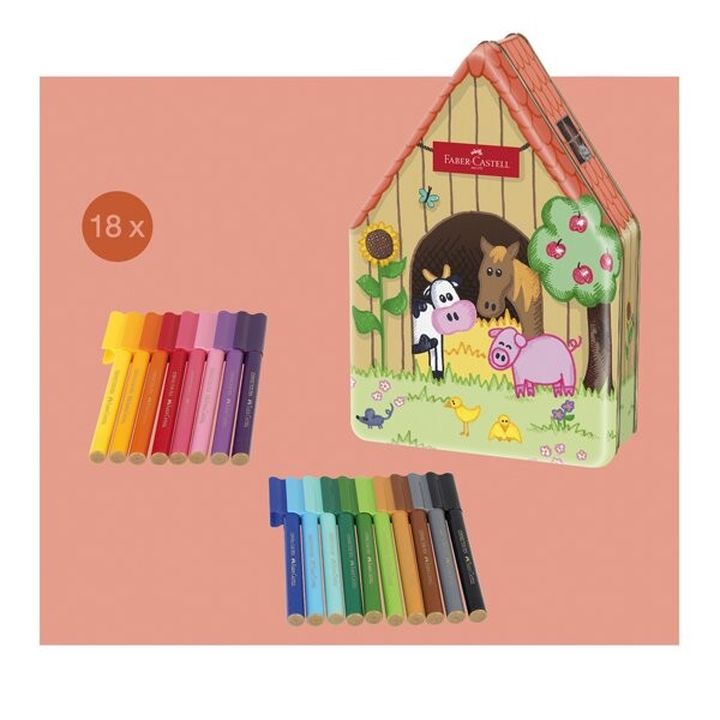 Krupni kadar Faber-Castell flomastera sa klipom Farma, prikaz vrhova i živopisnih boja za crtanje.