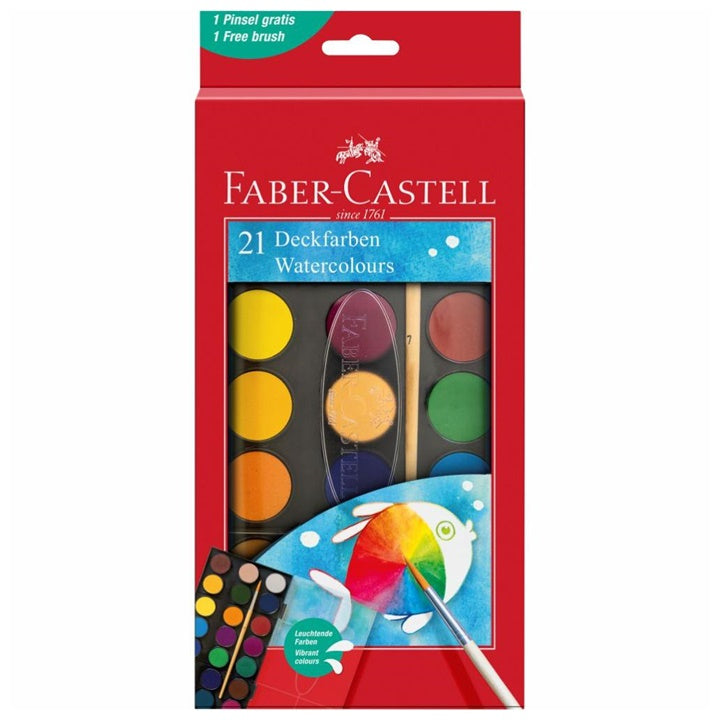 Faber Castell vodene boje u pakovanju od 21 komada, prečnika 30 mm, idealne za umjetničko izražavanje.