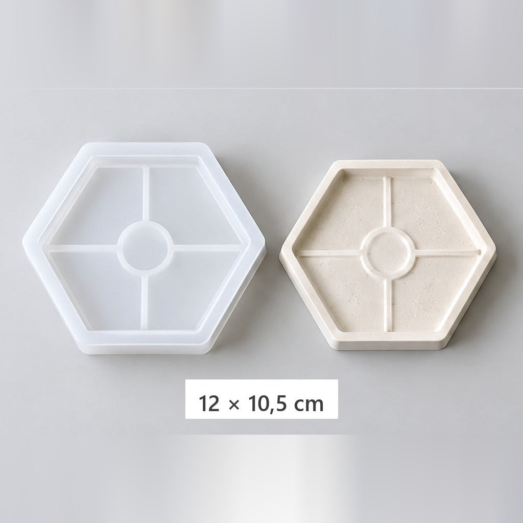 Fleksibilni silikonski kalup za izlivanje tacni i podmetača – šestougaoni poslužavnik – 12 × 10,5 cm