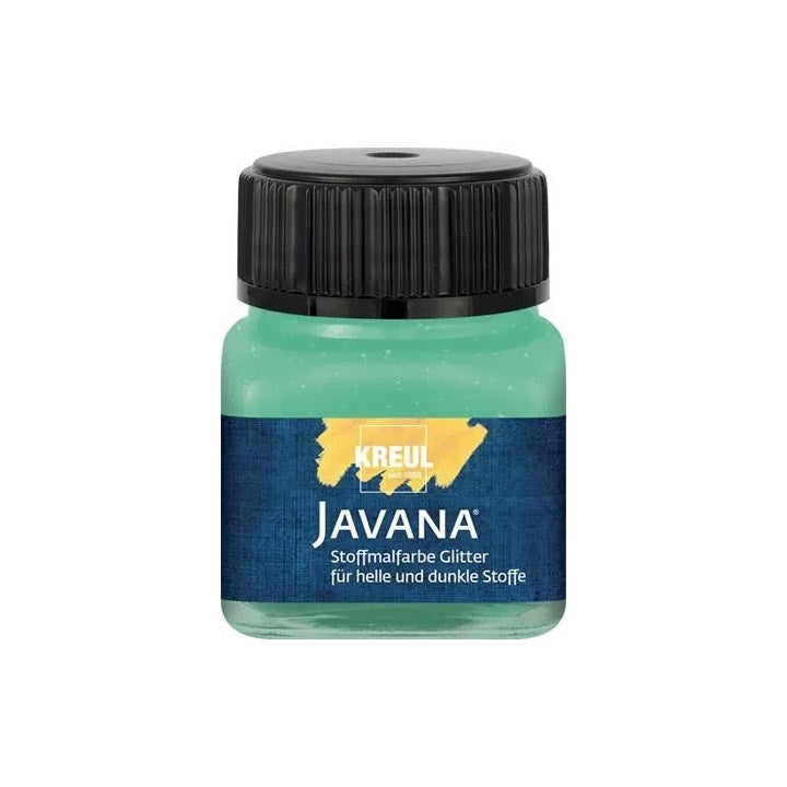 Pregled pakovanja Javana gliterske boje za tekstil od 20 ml, neophodan pribor za svakog umjetnika.