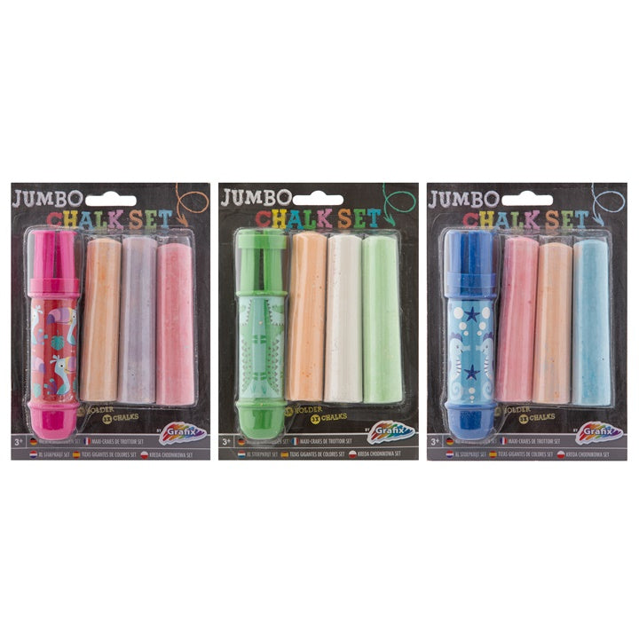 Set od tri jumbo krede za trotoar u različitim nijansama sa praktičnim držačem za crtanje.