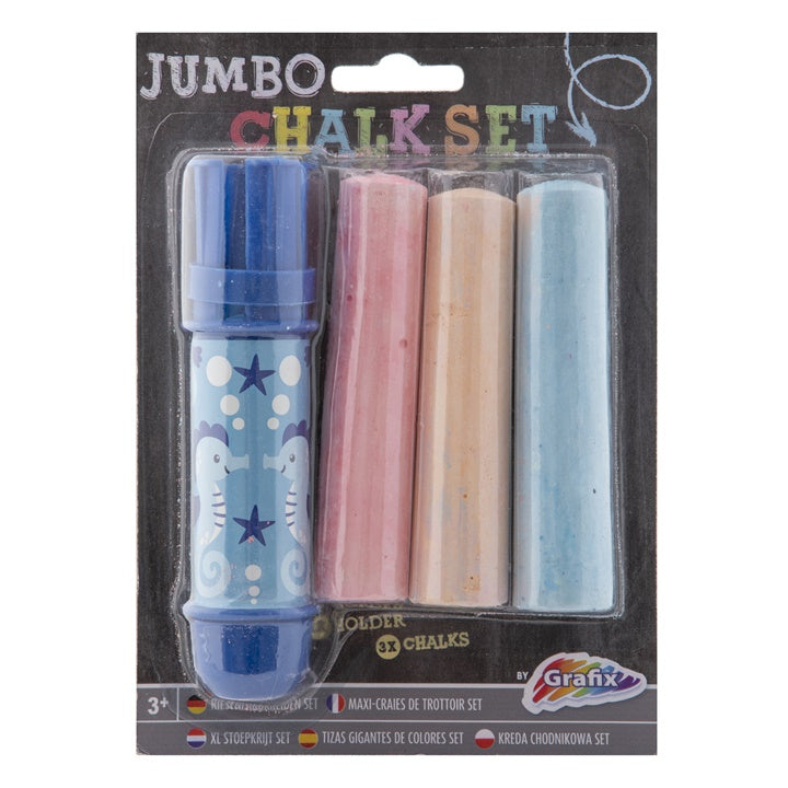 Krupni kadar jumbo kreda za crtanje po betonu u jarkim bojama uz plastični držač.
