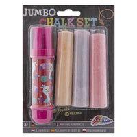 Tri jumbo krede različitih boja sa ergonomskim držačem za lakše crtanje po trotoaru.