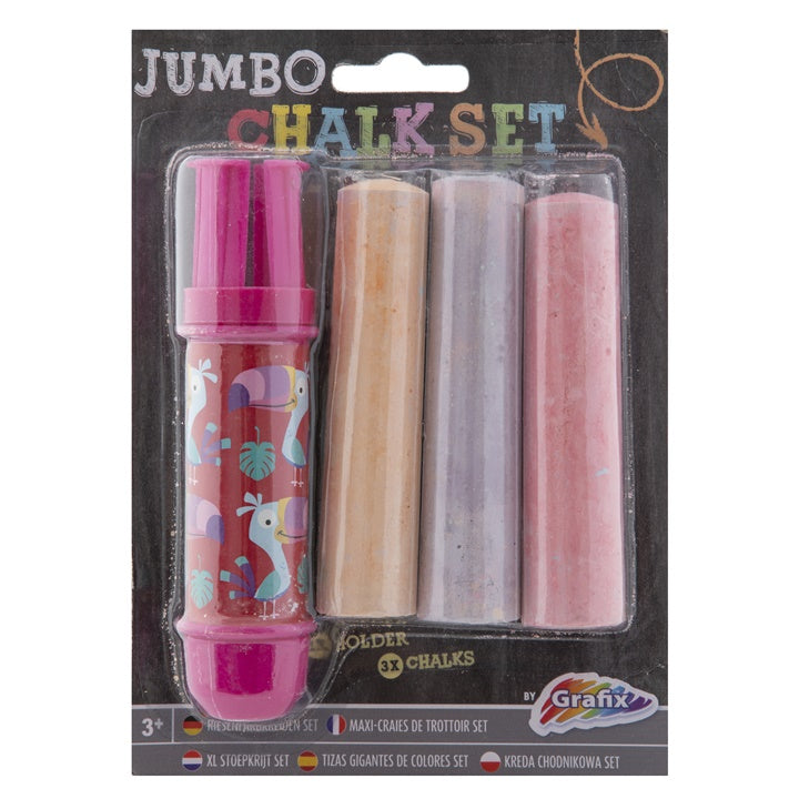 Tri jumbo krede različitih boja sa ergonomskim držačem za lakše crtanje po trotoaru.
