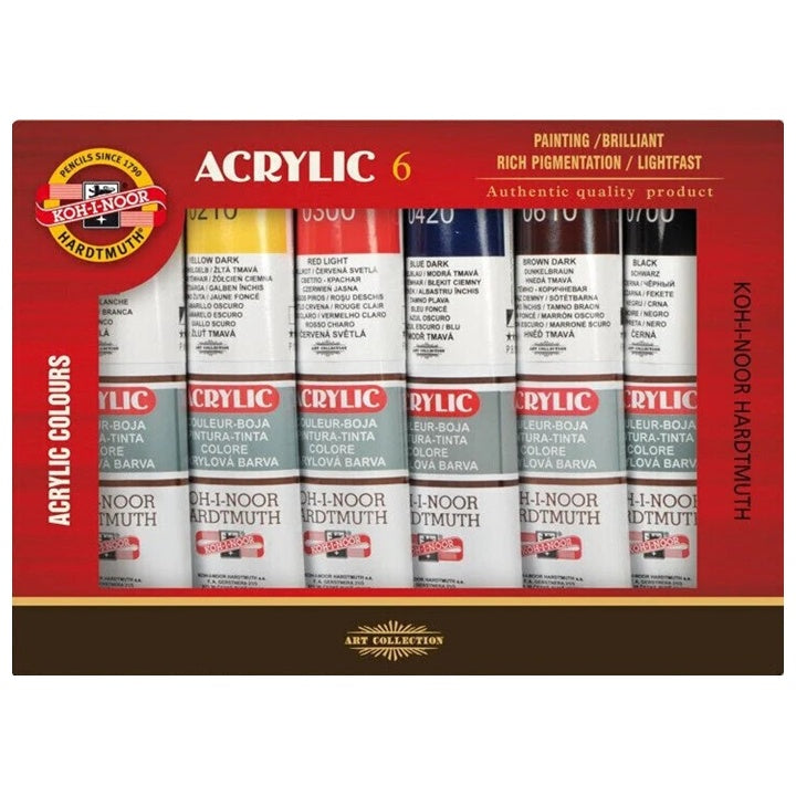 Set od 6 KOH-I-NOOR akrilnih boja u tubama od 40 ml, idealan za umjetničko slikanje i kreativne projekte.