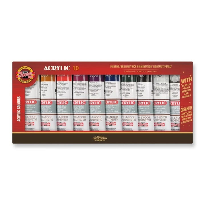 Set KOH-I-NOOR Acrylic 10 akrilnih boja sa medijem i razrjeđivačem u kutiji.
