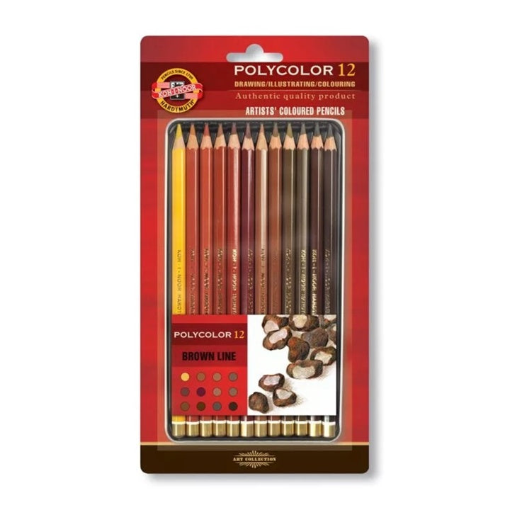 Pakovanje od 12 KOH-I-NOOR Polycolor olovaka u različitim smeđim nijansama za crtanje i sjenčenje.