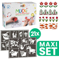 Kolekcija od 21 šablone za slikanje za djecu i set MUCKI prstnih boja za kreativnu igru.