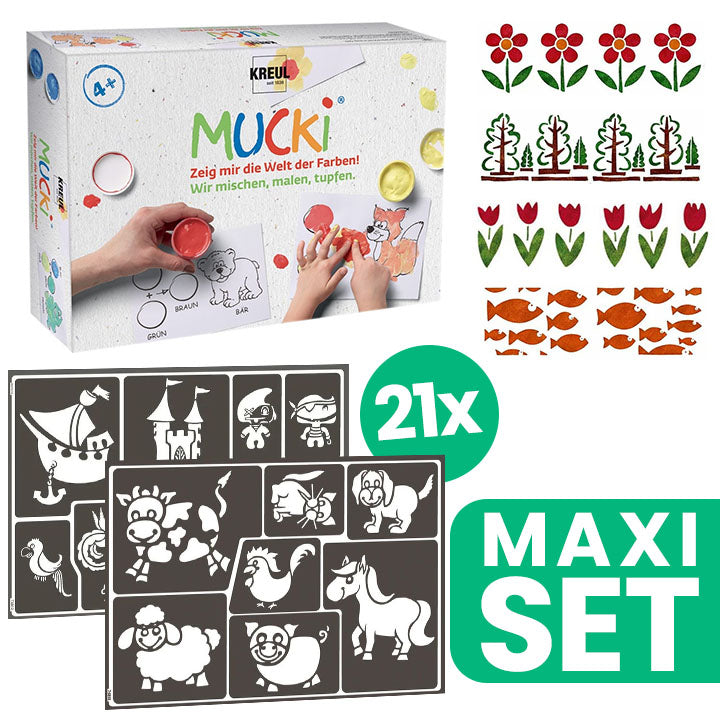 Kolekcija od 21 šablone za slikanje za djecu i set MUCKI prstnih boja za kreativnu igru.