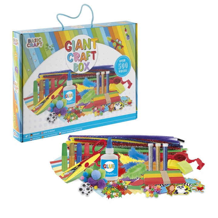 Otvorena kutija Giant Craft Box 500 kom plava puna šarenih perlica, trakica i ukrasa za kreativni rad.