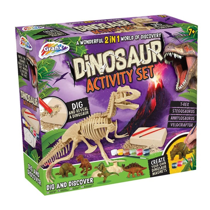 Kreativni set za djecu Grafix Dinosaur sa priborom za crtanje i bojenje motiva dinosaurusa.