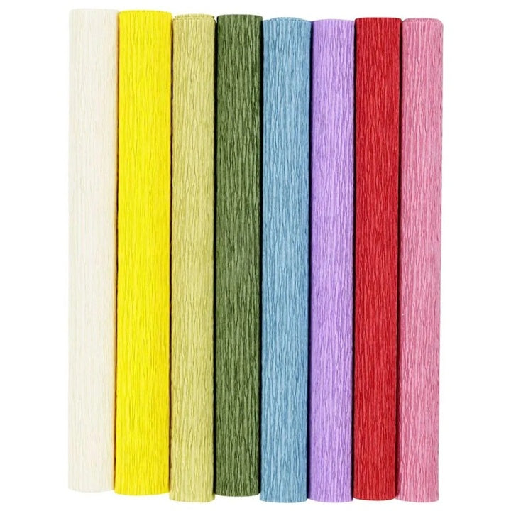 Krep papir u setu od 8 različitih boja, dimenzija 25x60 cm, neophodan materijal za kreativnost.