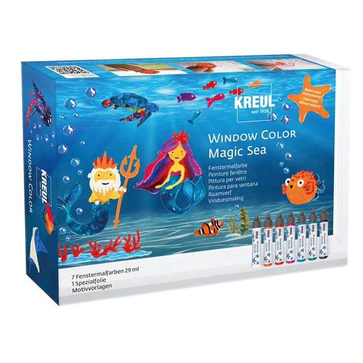 KREUL Set boja za staklo Magic Sea u kutiji sa priborom za kreativno oslikavanje stakla.