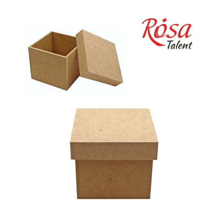 Kvadratna kutija s poklopcem od MDF materijala marke ROSA TALENT dimenzija 15x15x13 cm za kreativno ukrašavanje.