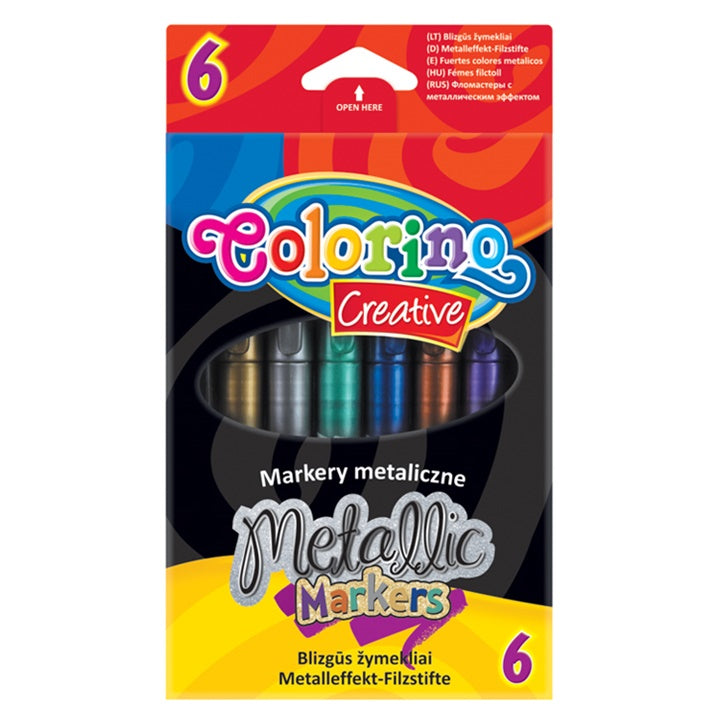 Pakovanje od 6 Colorino metalik flomastera u različitim sjajnim bojama za kreativno crtanje.